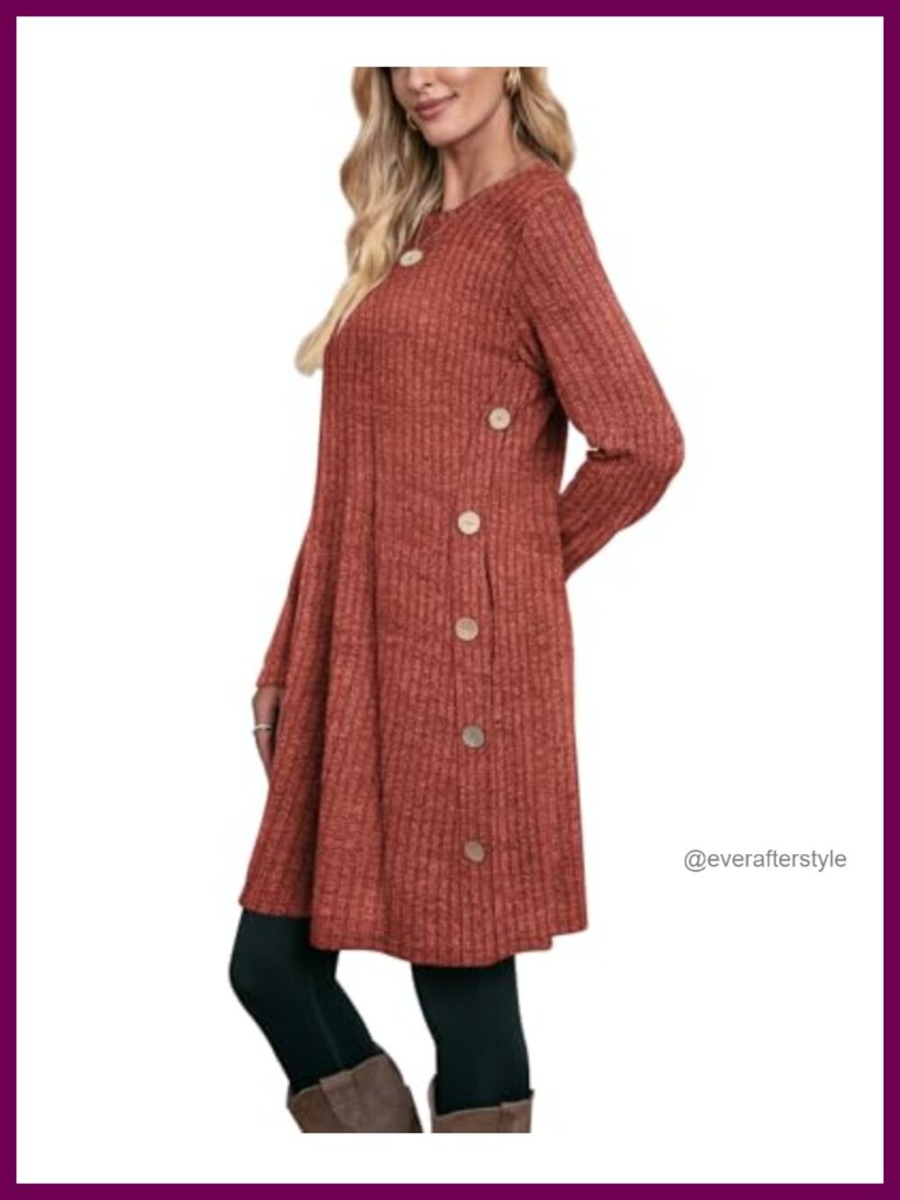 Ribbed Knit Long Sleeve A-Line Dress with Pockets Button Detail - Picture 3 of 4